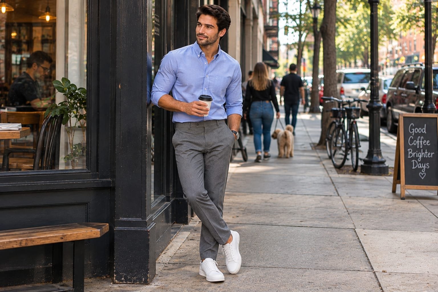Man wearing a light blue shirt, grey trousers, and white sneakers while holding coffee outside a city café.