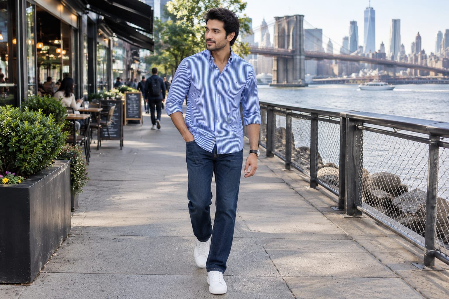 Man wearing a blue-and-white striped button-down shirt with dark-wash jeans and white sneakers, leaning against a historic city building.