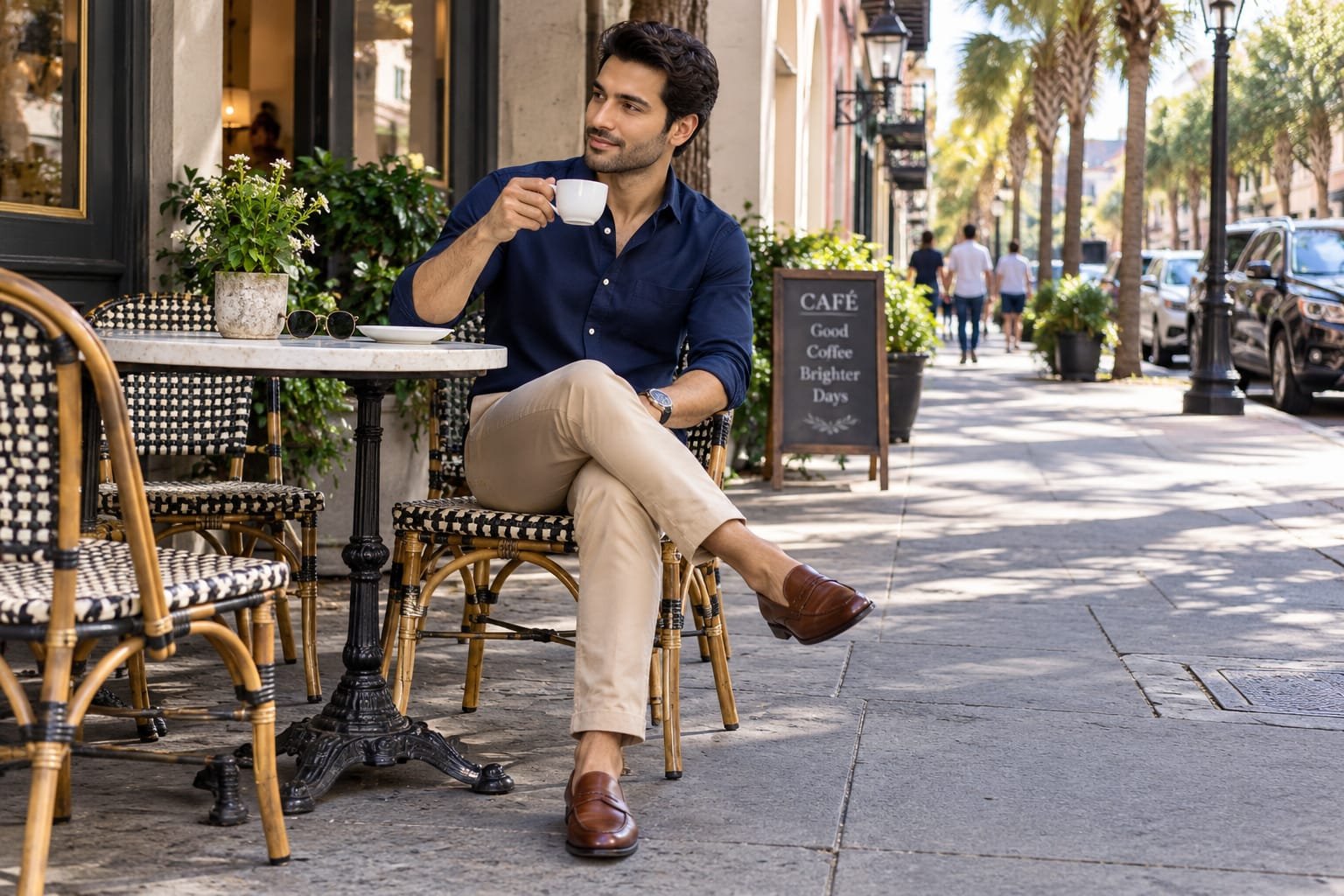 Man wearing a navy blue button-down shirt with beige chinos and brown leather loafers while enjoying coffee at an outdoor café.