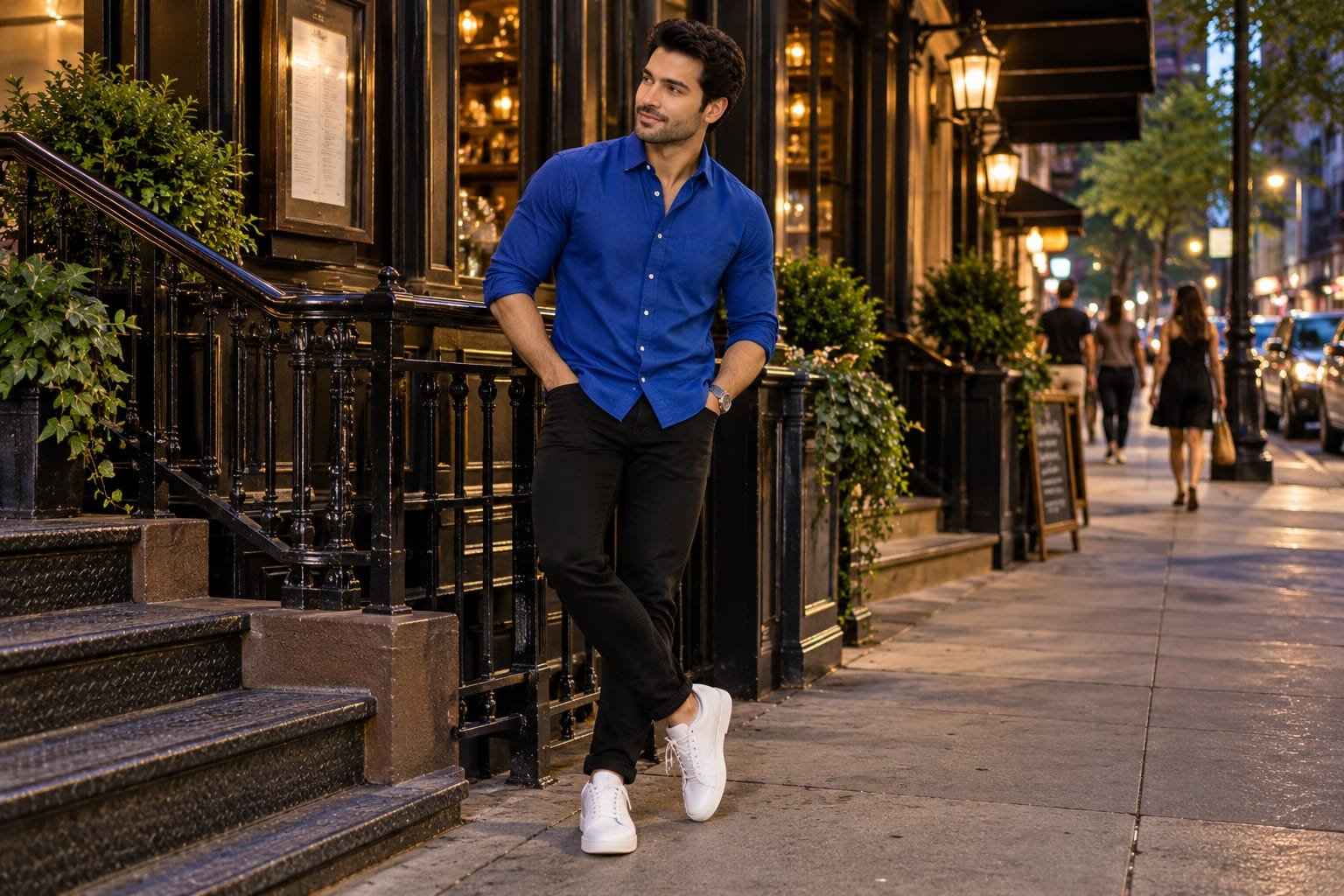 Man wearing a royal blue button-down shirt with black jeans and white sneakers outside an upscale restaurant at night.