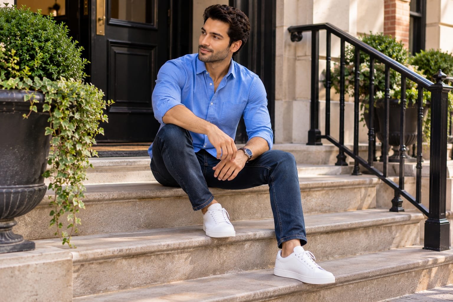 Man wearing a blue button-down shirt with dark-wash jeans and white sneakers while sitting on stone steps outside an elegant city building.