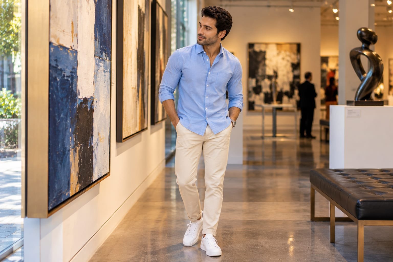 Man wearing a light blue button-down shirt with cream trousers and white sneakers while viewing artwork in a modern art gallery.