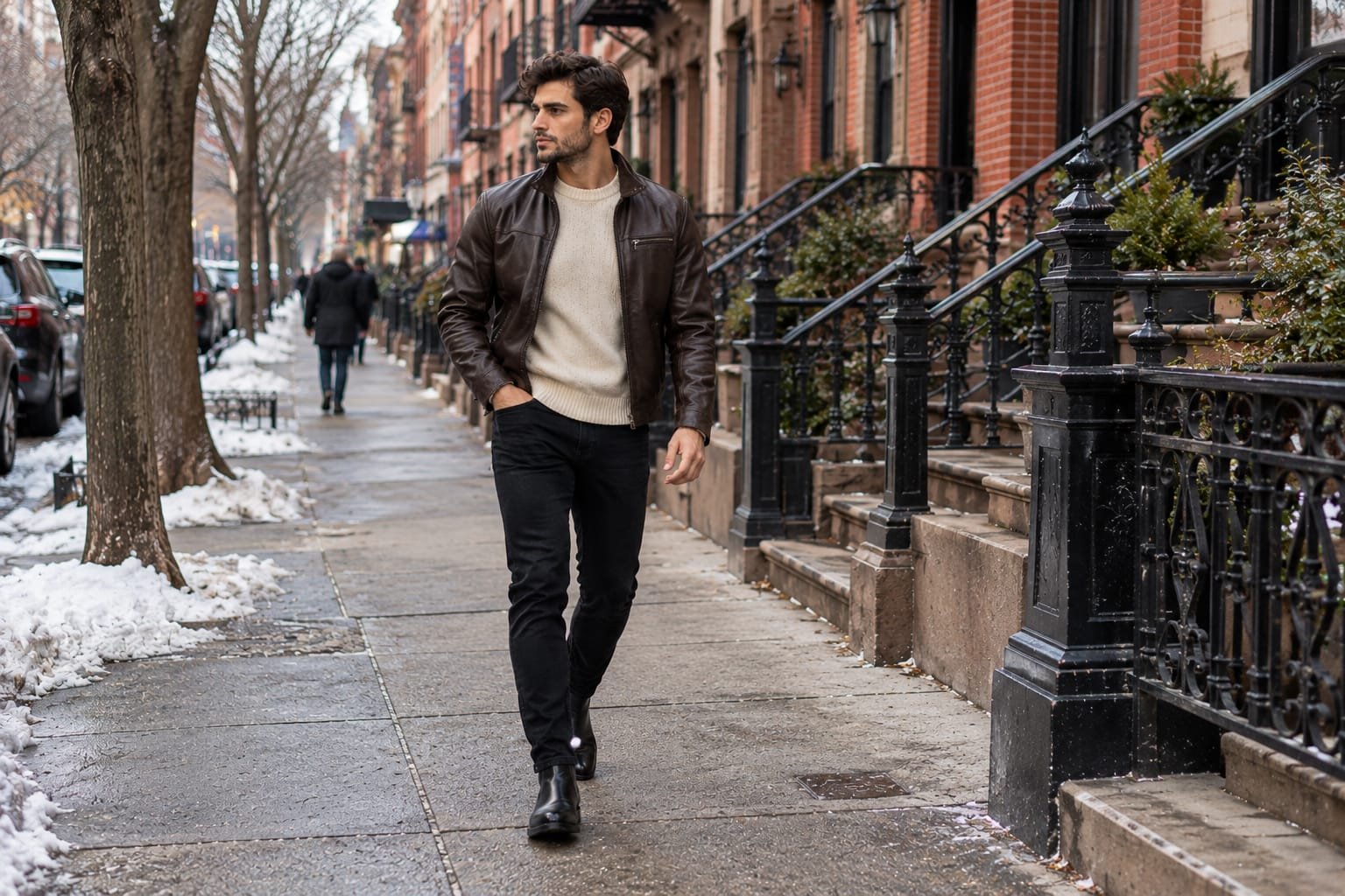 Men’s winter outfit with a brown leather jacket, cream sweater, black jeans, and Chelsea boots on a Brooklyn-style brownstone street.