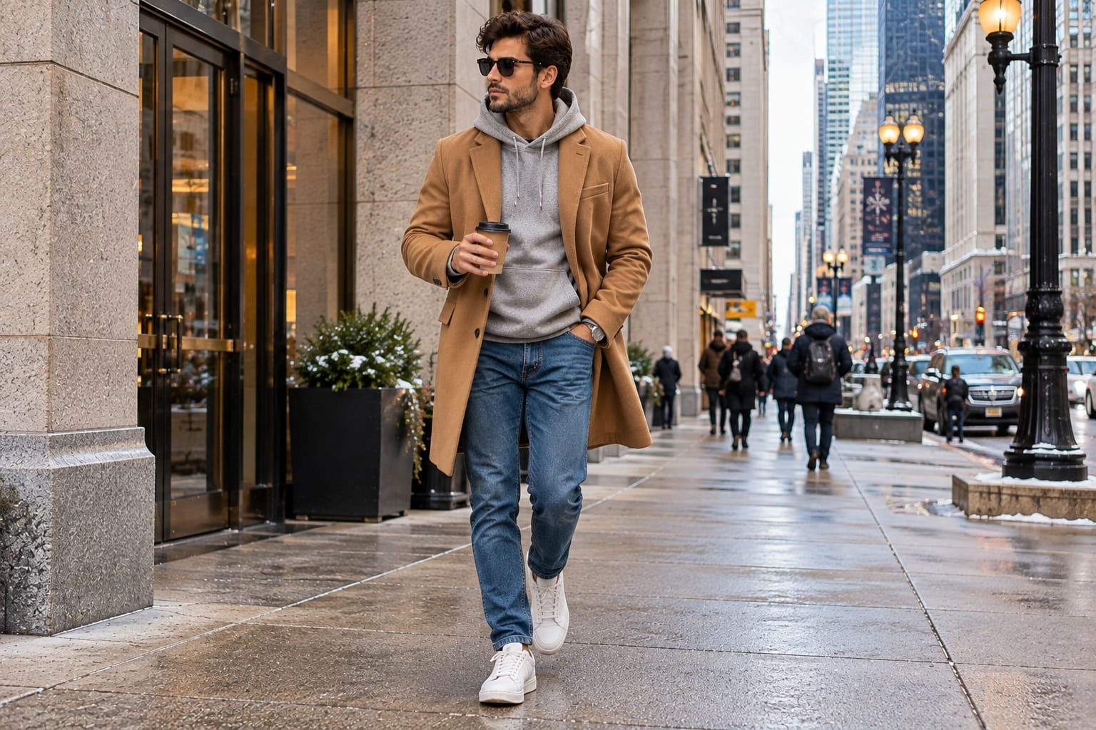 Men's winter outfit featuring a camel overcoat, grey hoodie, blue jeans, and white sneakers on a downtown Chicago-style street.