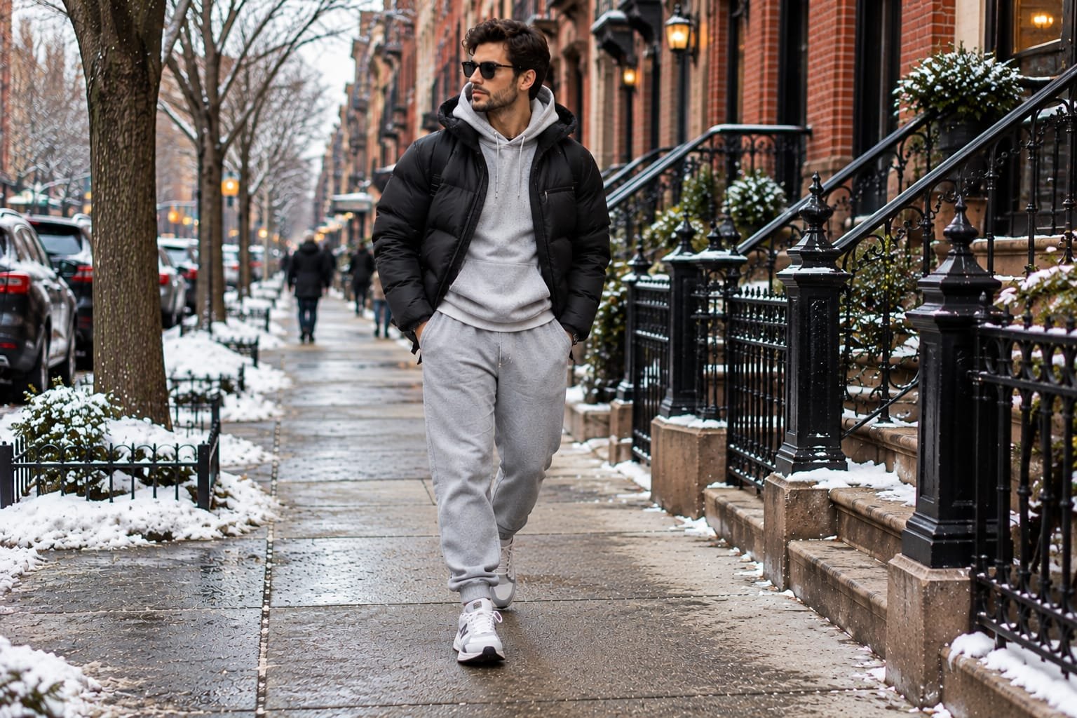 Men’s winter outfit featuring a black puffer jacket, gray sweatpants, and white retro sneakers on a snowy city sidewalk.