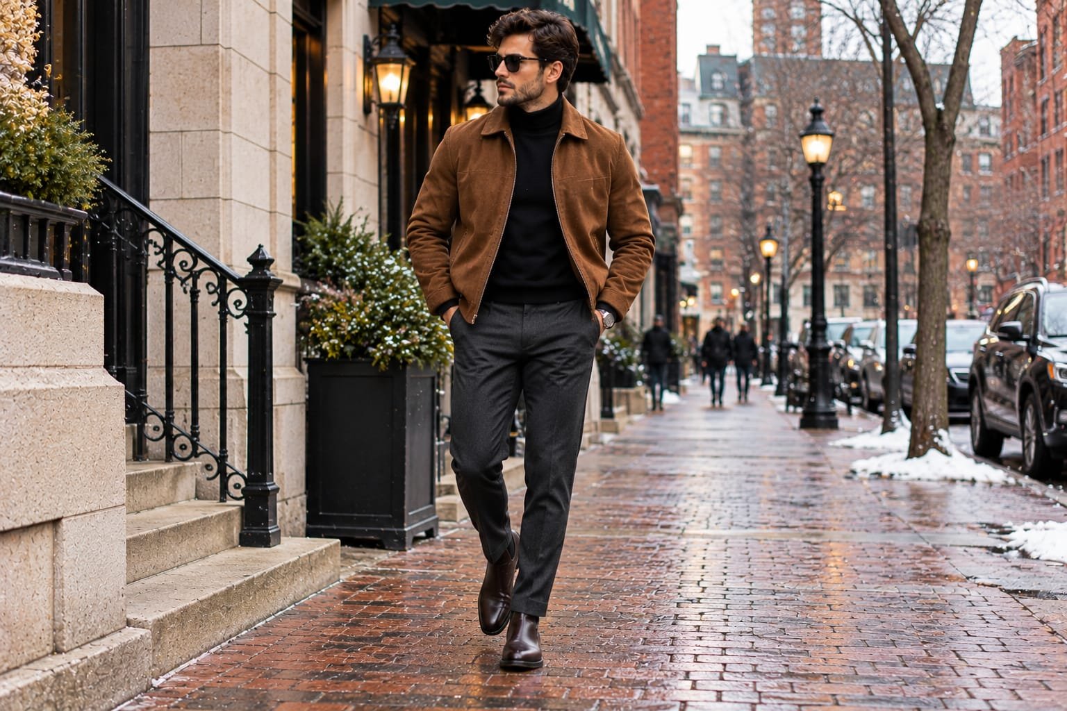 Men's winter outfit featuring a brown suede jacket, black turtleneck, charcoal trousers, and dark Chelsea boots on a historic city street.