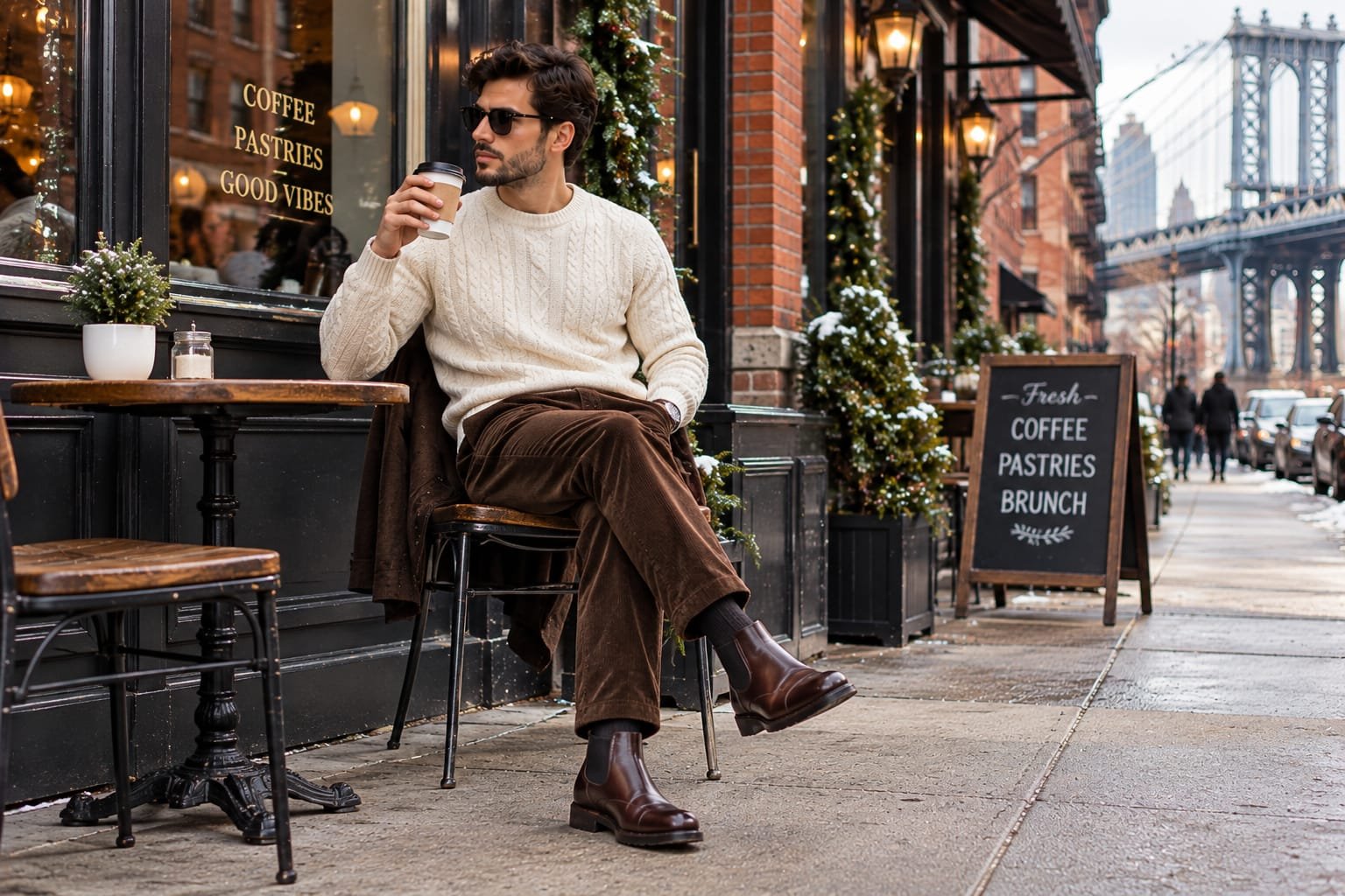 Men's winter outfit featuring a cream cable-knit sweater, brown corduroy pants, and brown leather boots while seated outside a Brooklyn-style café.