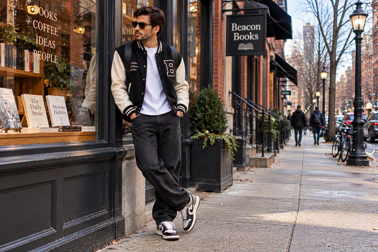 Men's streetwear outfit featuring a black-and-cream varsity jacket, white T-shirt, loose black jeans, and retro sneakers outside a city bookstore.