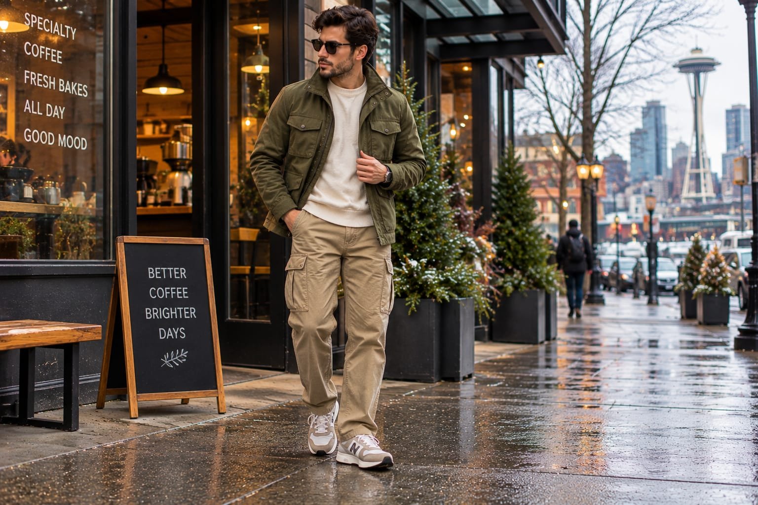 Men's casual winter outfit with an olive-green field jacket, cream sweatshirt, khaki cargo pants, and neutral sneakers outside a modern Seattle-style café.