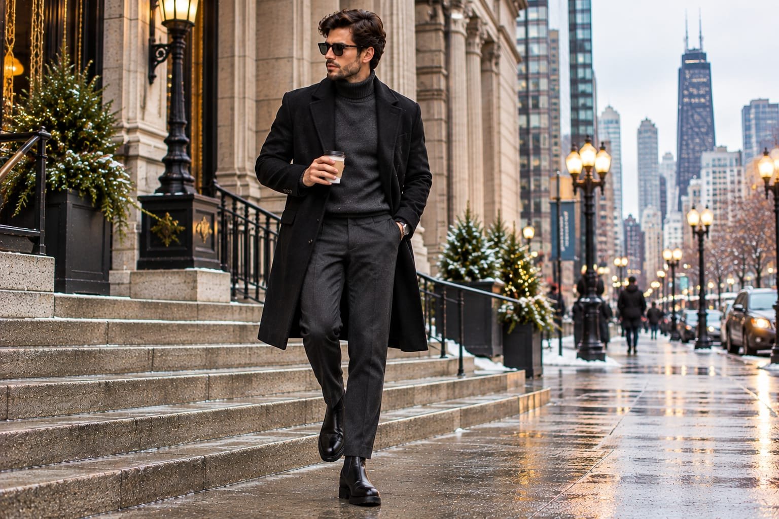 Men's monochrome winter outfit featuring a black overcoat, charcoal sweater, dark gray trousers, and black leather boots on a downtown Chicago-style street.