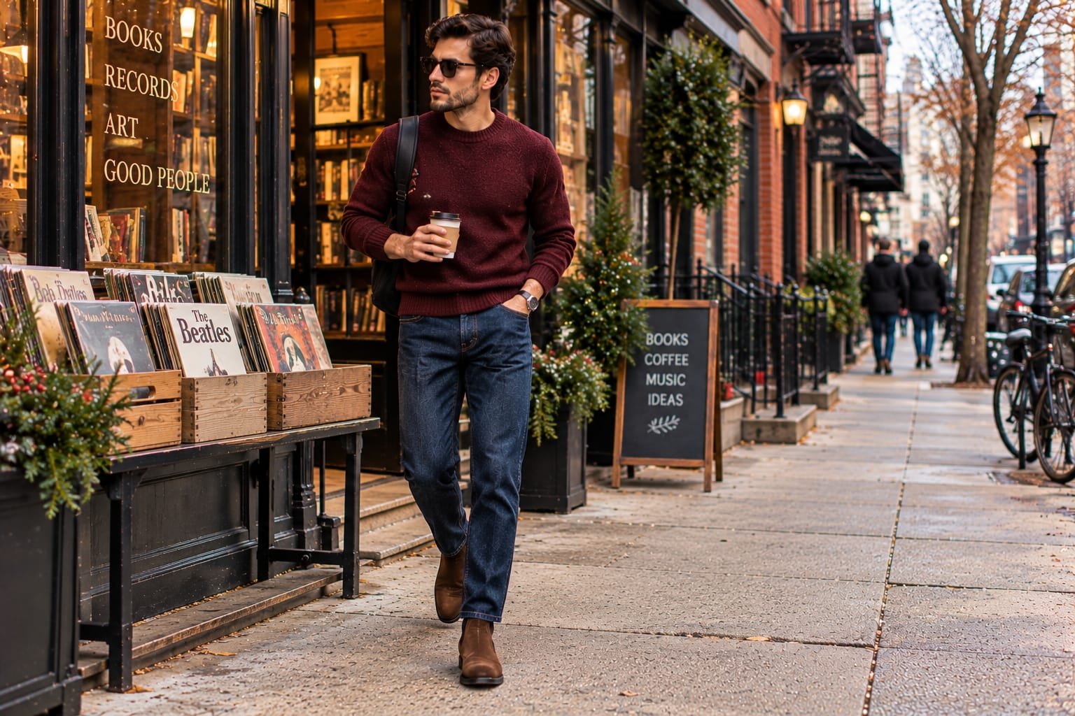 Men's winter outfit featuring a burgundy sweater, dark blue jeans, and brown suede boots outside a vintage bookstore in a city neighborhood.