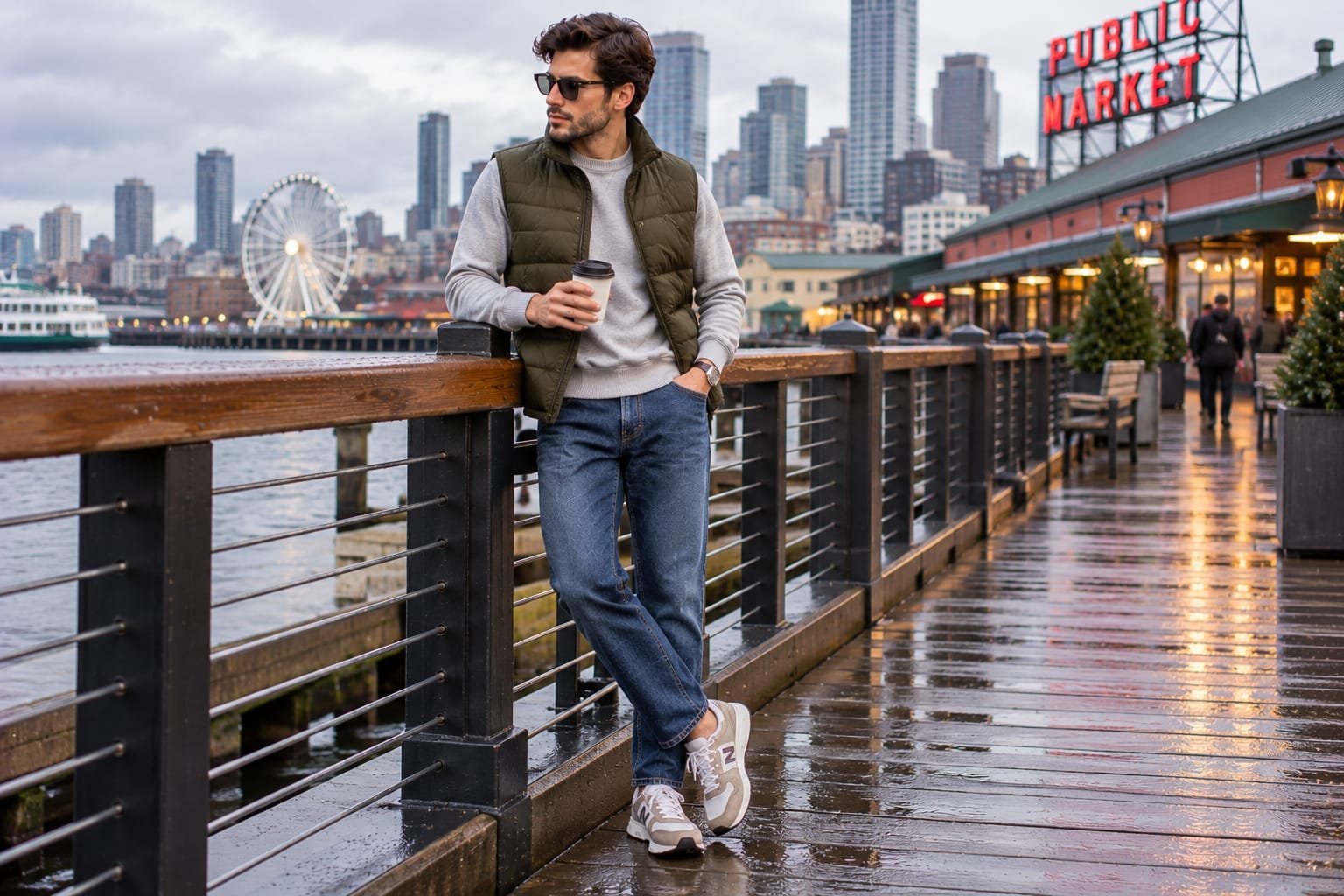 Men's casual winter outfit featuring an olive quilted vest, gray sweatshirt, straight-leg blue jeans, and neutral sneakers on a Seattle-style waterfront.