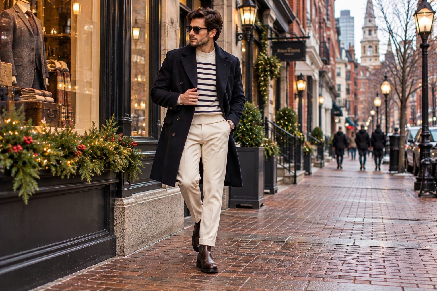 Men's winter outfit featuring a navy double-breasted overcoat, striped cream sweater, cream trousers, and dark brown leather boots on a historic city street.