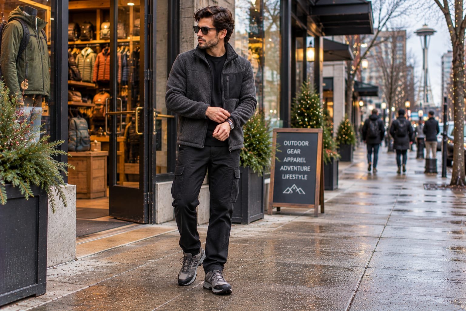 Men's winter streetwear outfit featuring a charcoal-gray fleece zip jacket, black cargo pants, and gray trail sneakers outside an outdoor gear store.