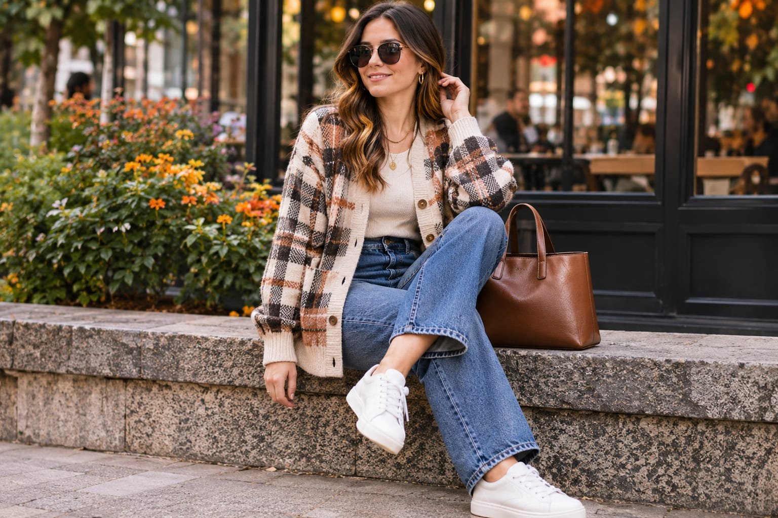 Woman wearing a cream plaid cardigan, cream top, straight-leg blue jeans, and white sneakers outside a café.