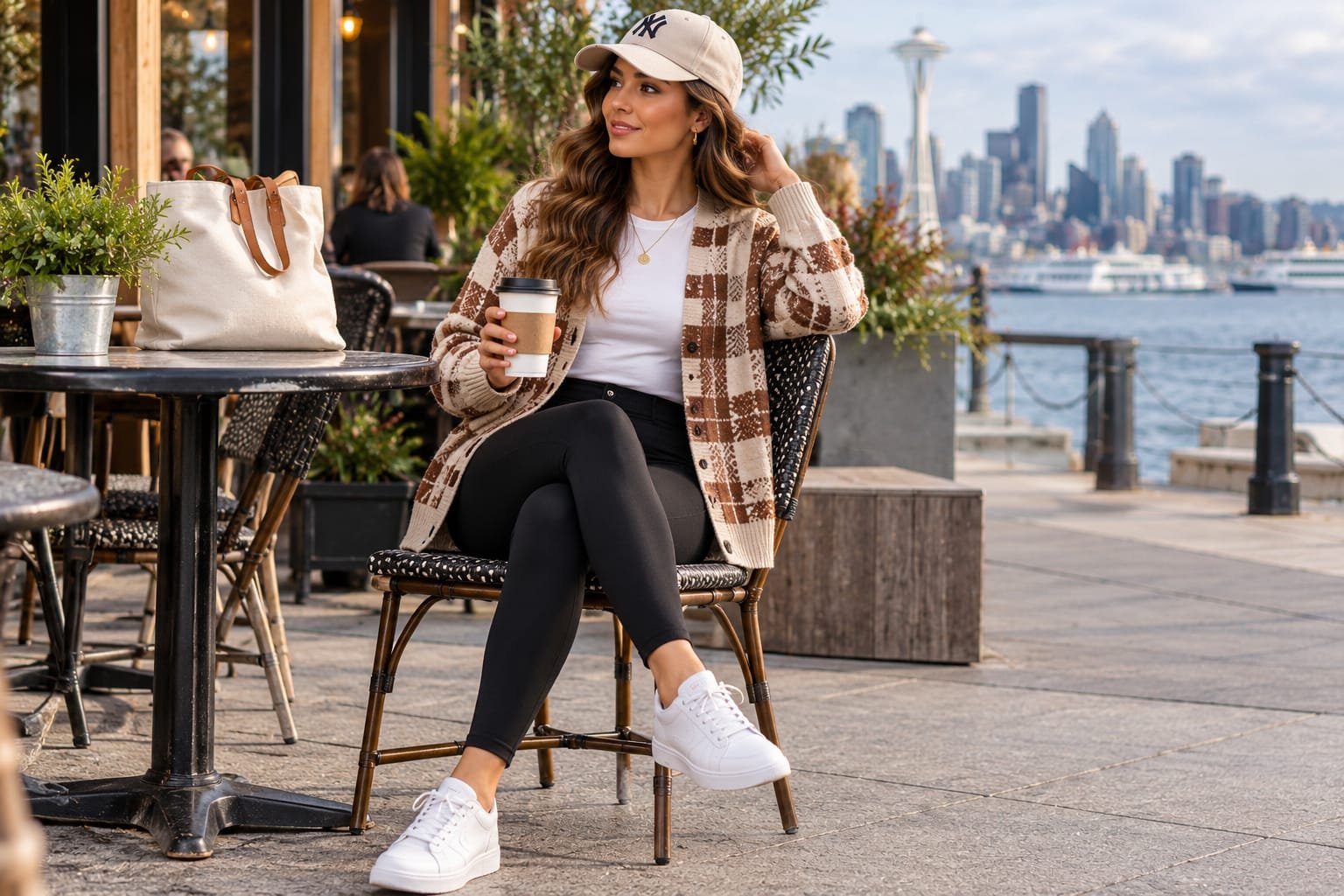 Woman wearing a beige and brown plaid cardigan over a white T-shirt with black leggings and white sneakers, relaxing at a Seattle waterfront café.