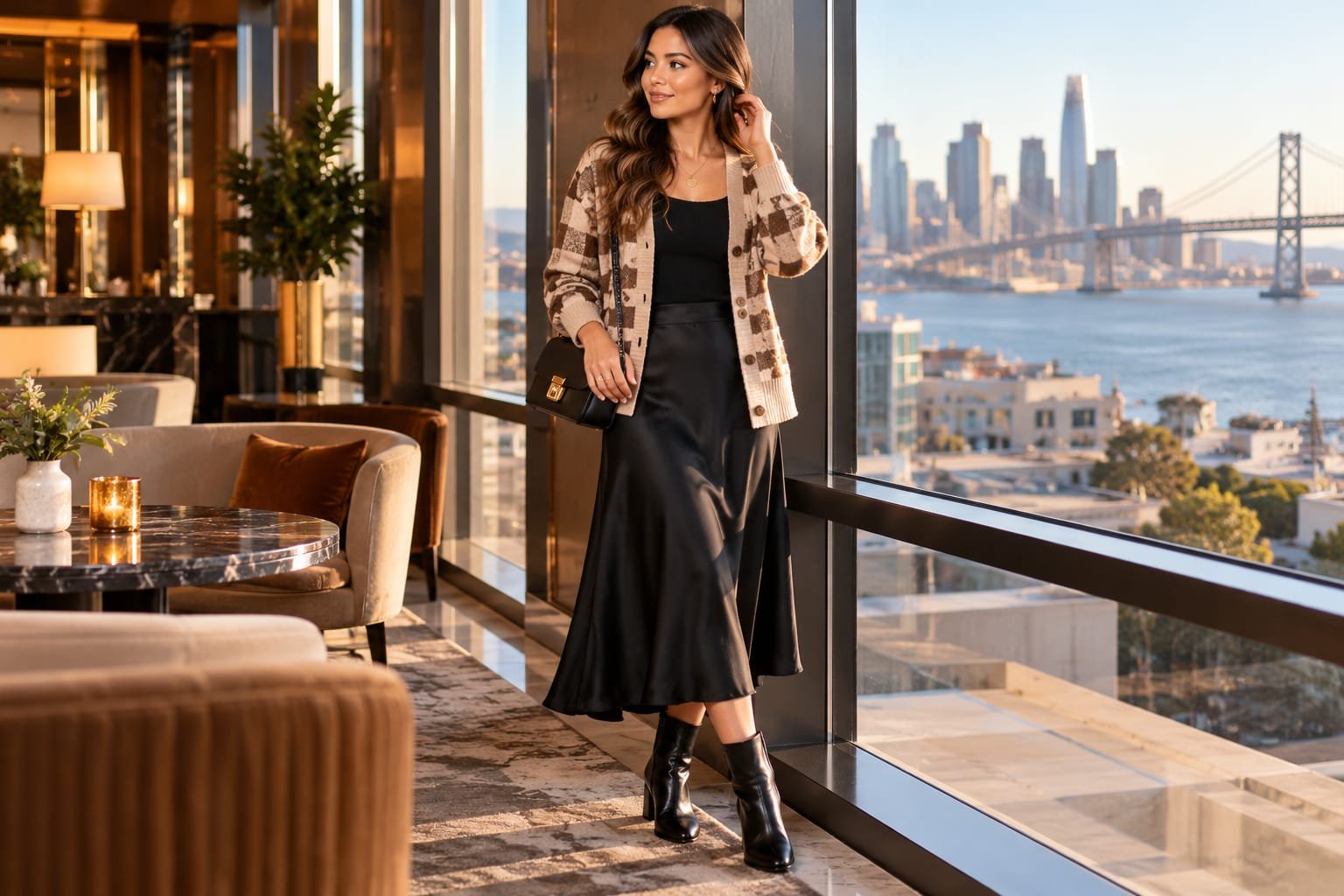 Woman wearing a beige and brown plaid cardigan over a black top with a black satin-look midi skirt and black ankle boots in an elegant San Francisco hotel lounge.
