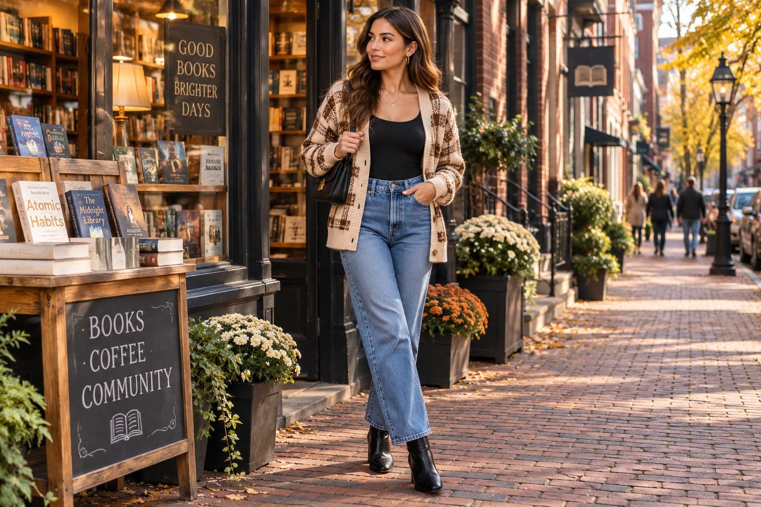 Woman wearing a beige and brown plaid cardigan over a black scoop-neck bodysuit with medium-blue straight-leg jeans and black ankle boots outside a Boston bookstore.