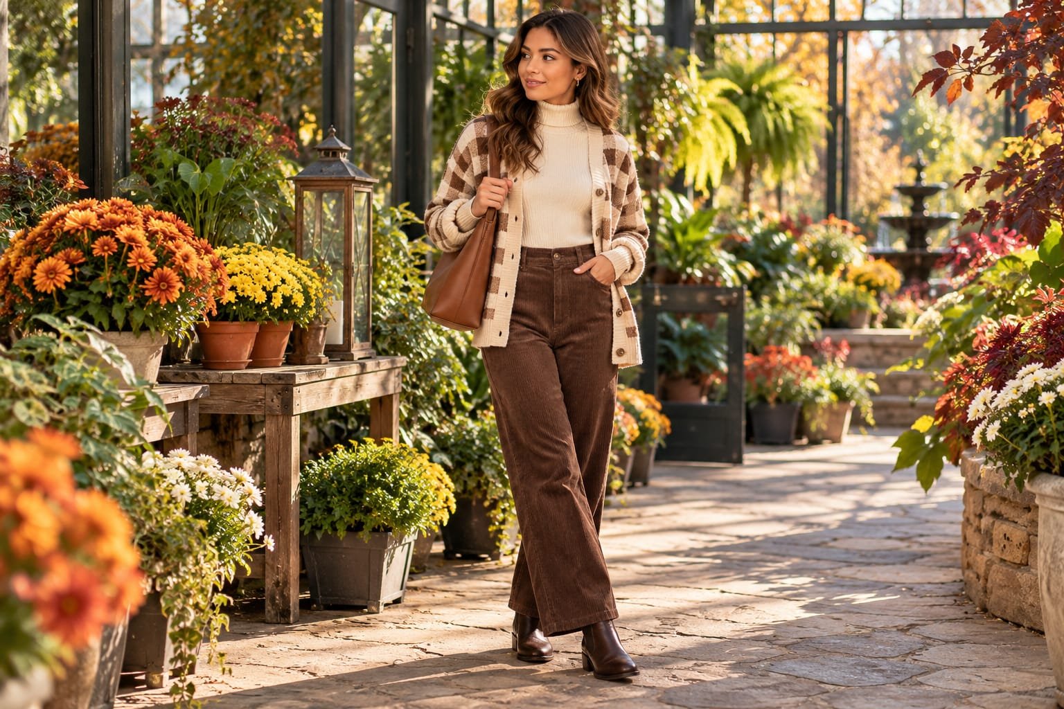 Woman wearing a beige and brown plaid cardigan over a cream turtleneck with chocolate-brown wide-leg corduroy pants and brown ankle boots in an autumn greenhouse.