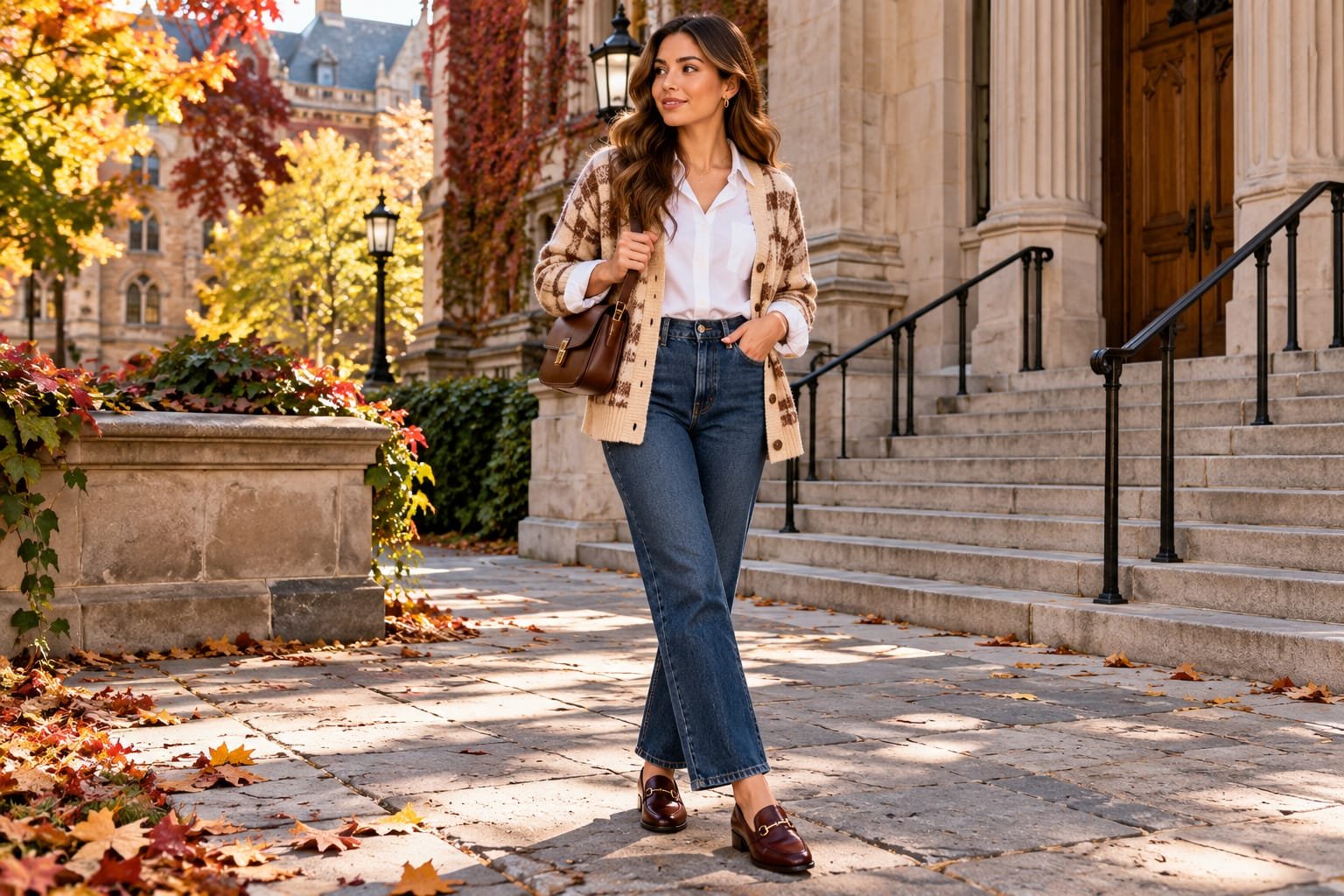 Woman wearing a beige and brown plaid cardigan over a white button-down shirt with dark-wash straight-leg jeans and burgundy loafers outside a historic university building.
