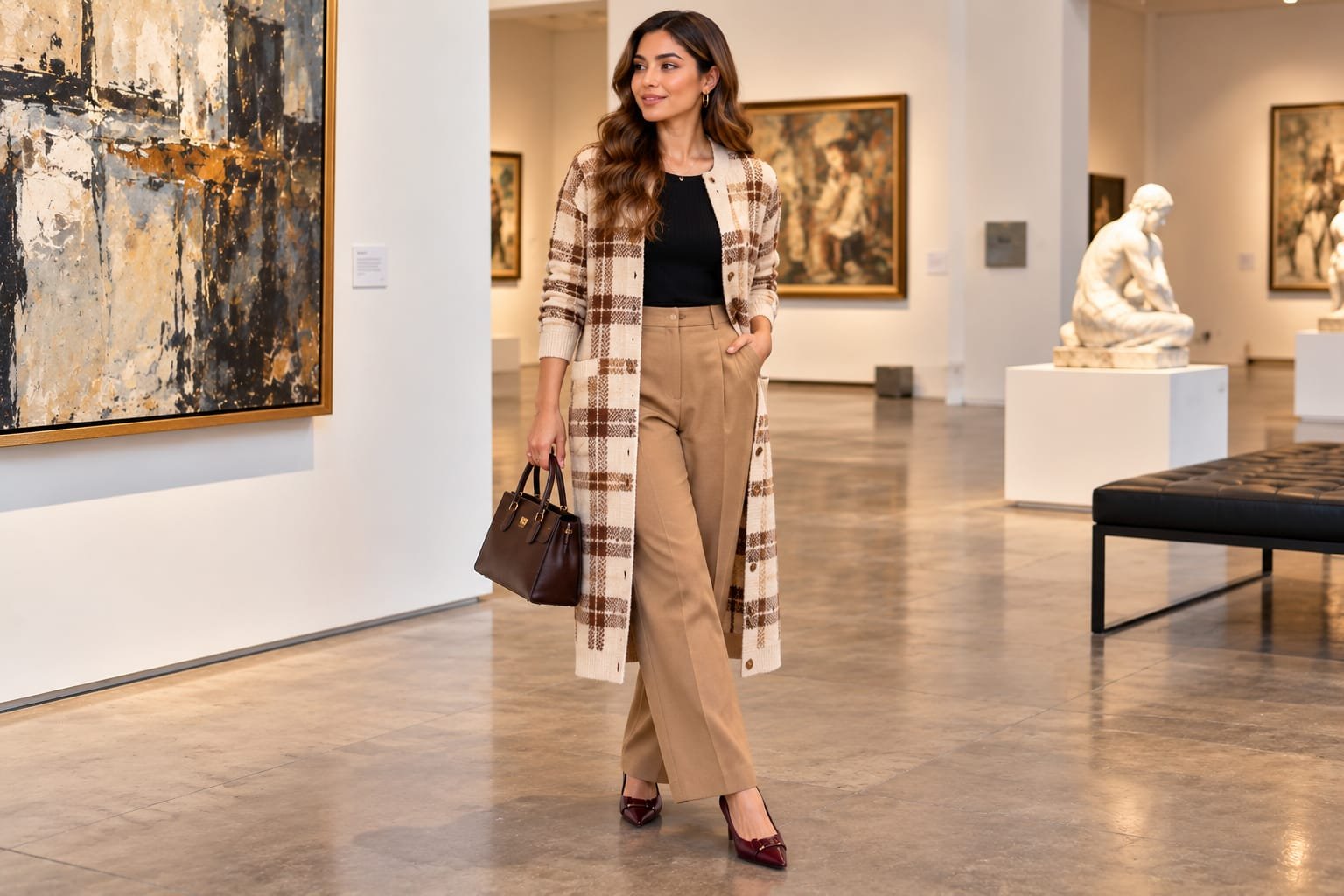 Woman wearing a long cream and brown plaid cardigan over a black top with camel tailored trousers and burgundy heels in an art gallery.