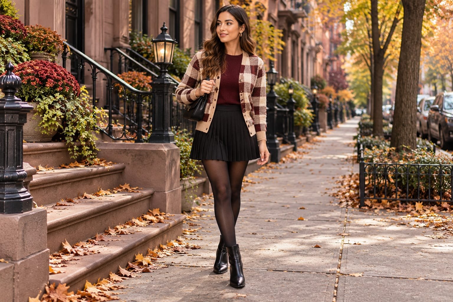 Woman wearing a burgundy top, cream and brown plaid cardigan, black pleated skirt, black tights, and ankle boots on an autumn city street.
