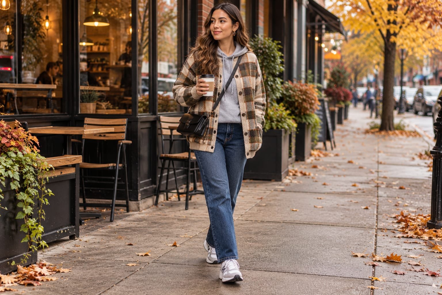 Woman wearing a beige plaid cardigan over a gray hoodie with straight-leg jeans and sneakers on an autumn city sidewalk.
