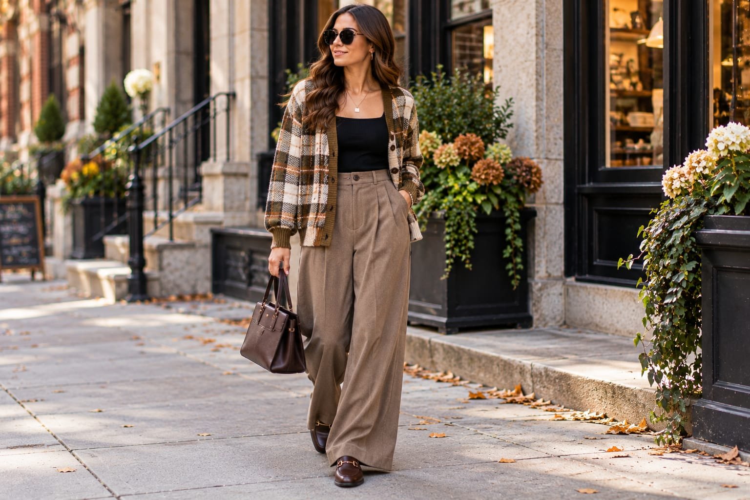Woman wearing a beige plaid cardigan, black square-neck top, taupe wide-leg trousers, and brown loafers on an autumn city street.