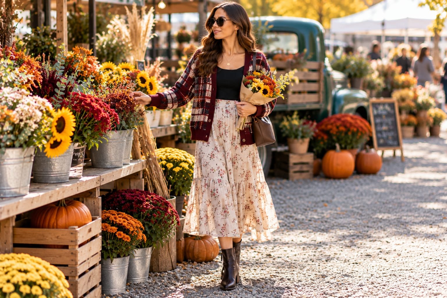 Woman wearing a burgundy plaid cardigan over a black top with a cream floral midi dress and brown ankle boots while browsing flowers at an autumn market.