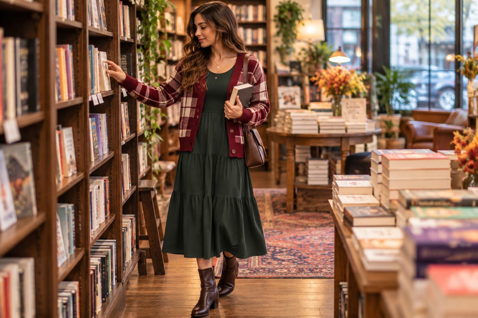Green dress Amazon photo reference tho inspired look. Cardigan actual Amazon listing photo inka verify cheyyaledhu, so generated image exact product match ani assume cheyyaku.