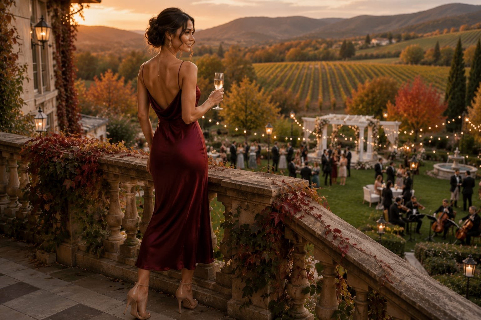 Elegant woman in a burgundy satin slip dress overlooking a luxury fall vineyard wedding at golden hour.