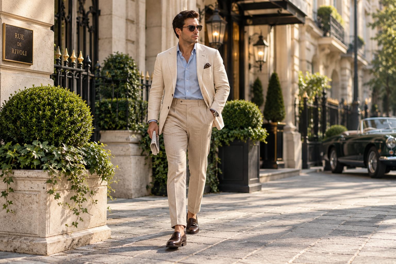 Old money style man outfit with a cream blazer, Oxford shirt, tailored trousers, and leather loafers.
