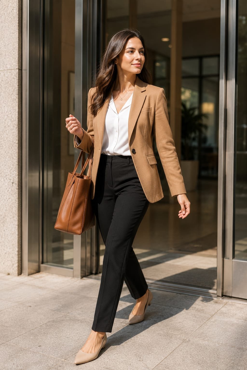 Business casual outfit for women featuring a camel blazer, black trousers, and a leather tote in a modern office setting."