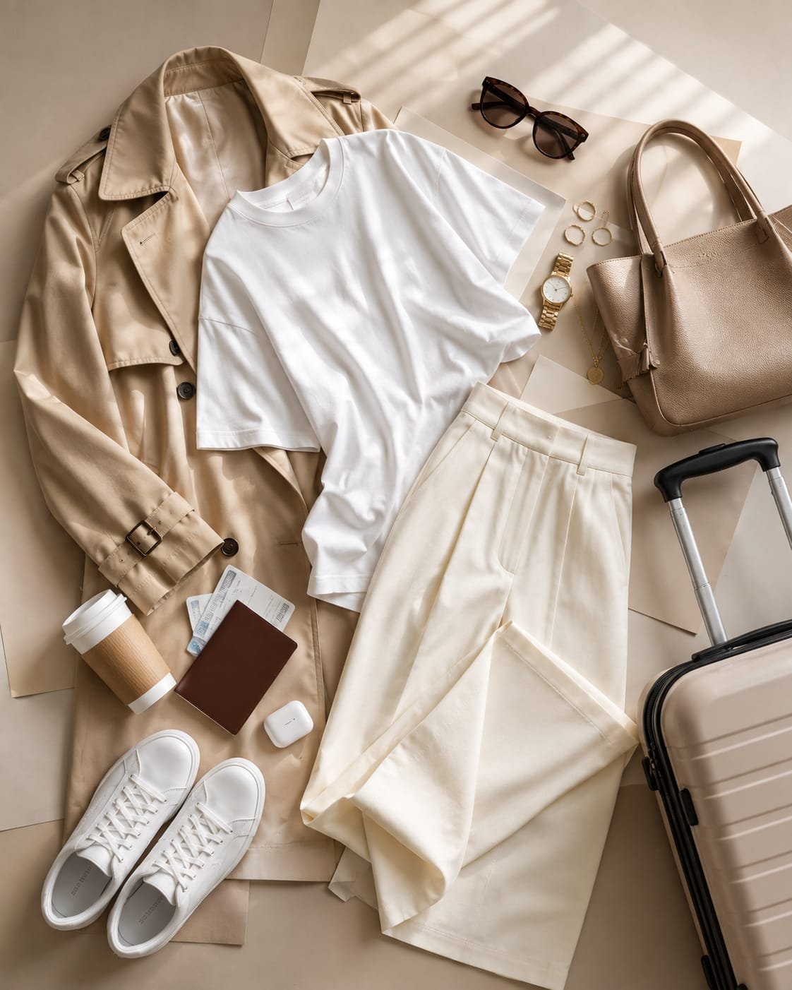 Luxury women's travel day outfit flat lay featuring a beige trench coat, white t-shirt, cream wide-leg trousers, white sneakers, leather handbag, passport, and travel accessories.
