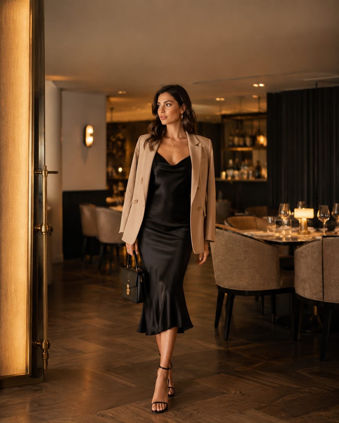 Young woman wearing a black satin slip dress and beige blazer for a stylish date night outfit in an upscale restaurant.