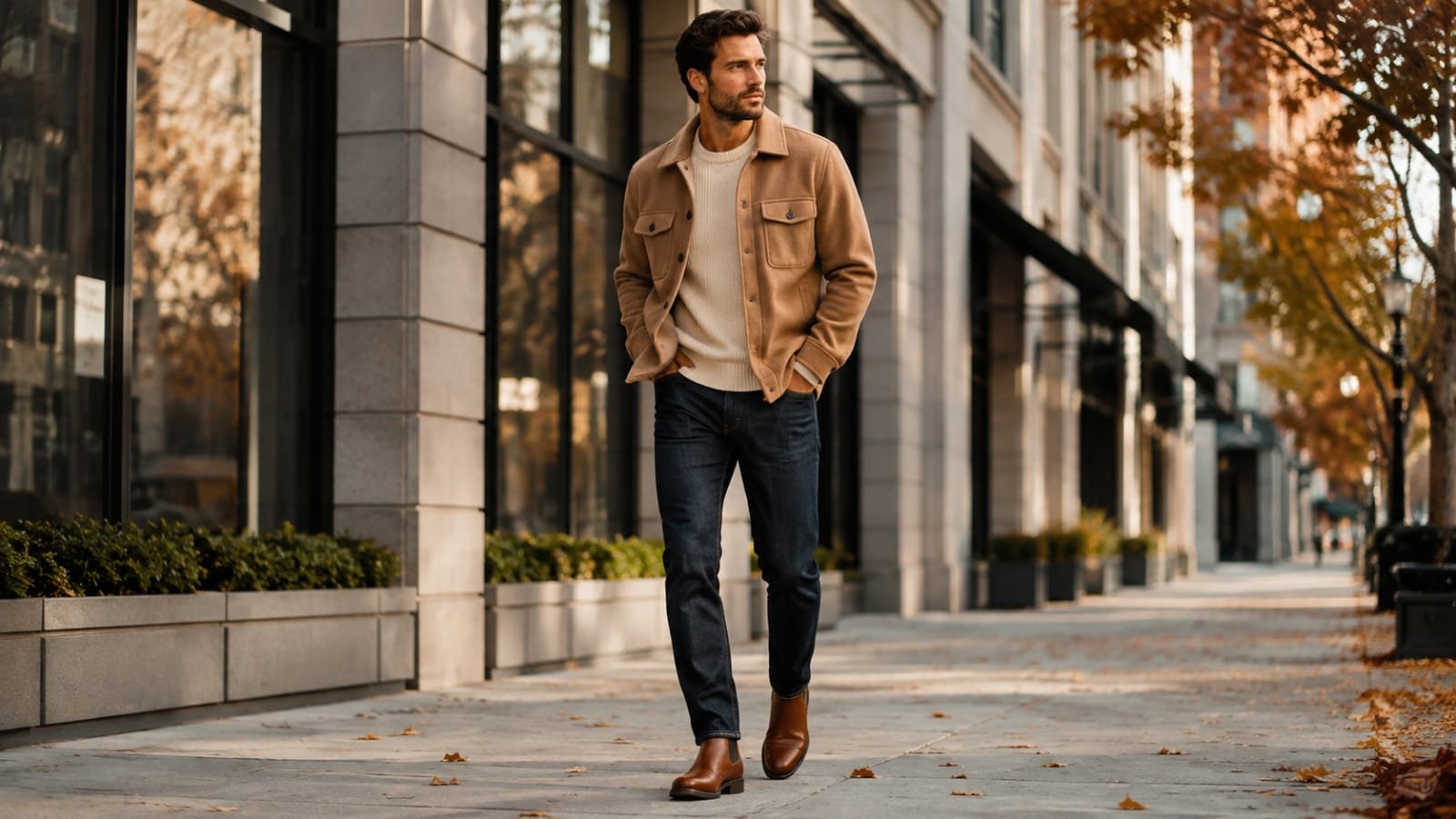 Men's fall outfit with camel jacket and Chelsea boots