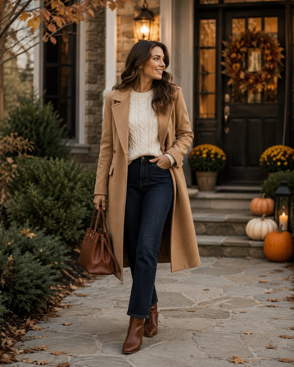 Thanksgiving dinner outfit with camel coat, cream sweater and dark jeans