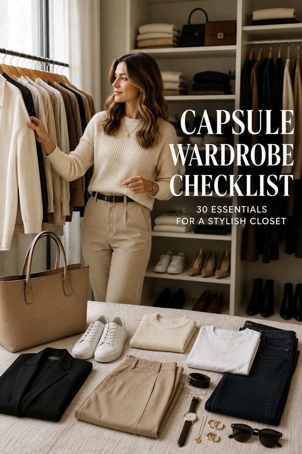 Capsule wardrobe checklist with 30 essential clothing and accessories