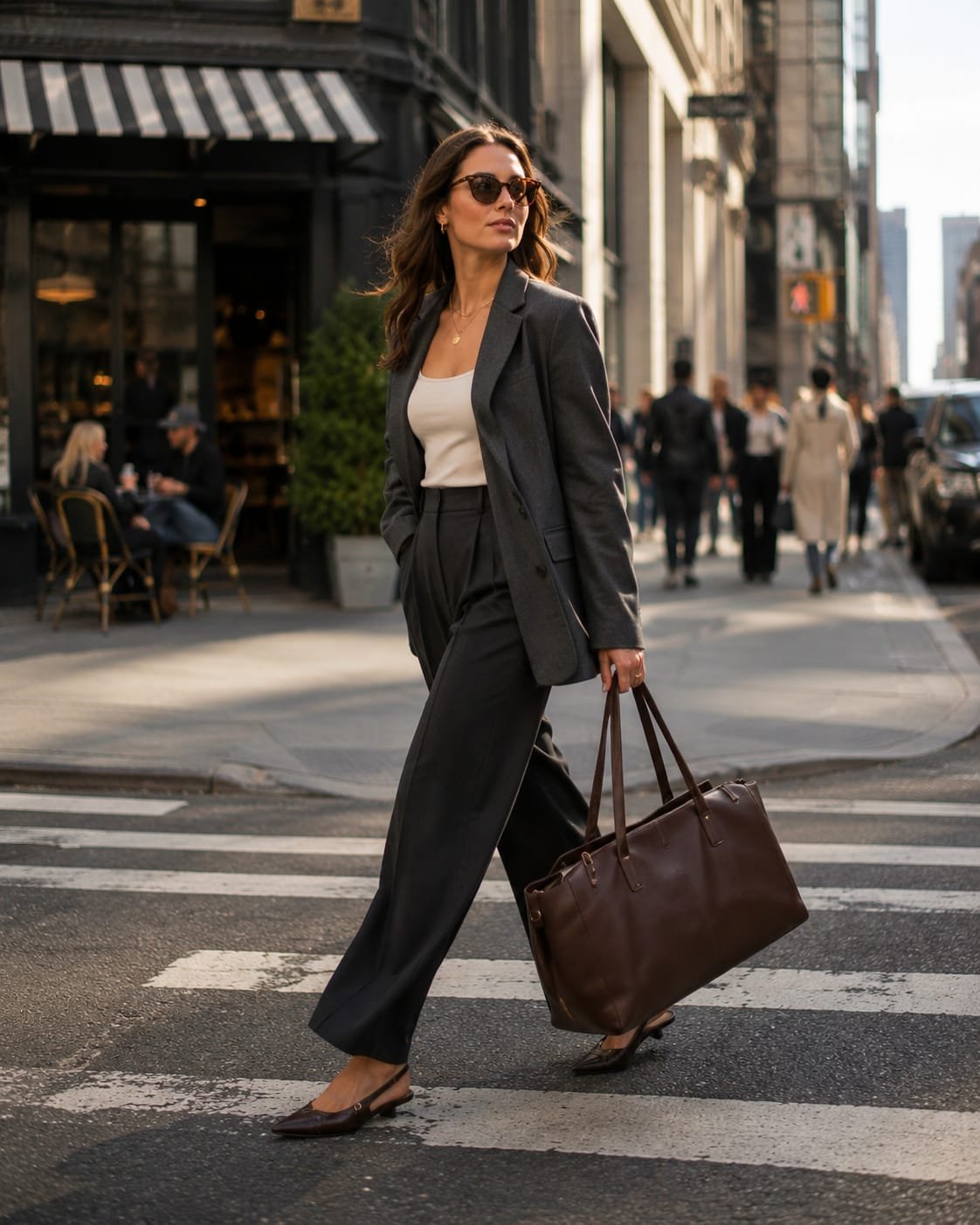 Trendy chocolate brown leather work tote with a stylish women's office outfit
