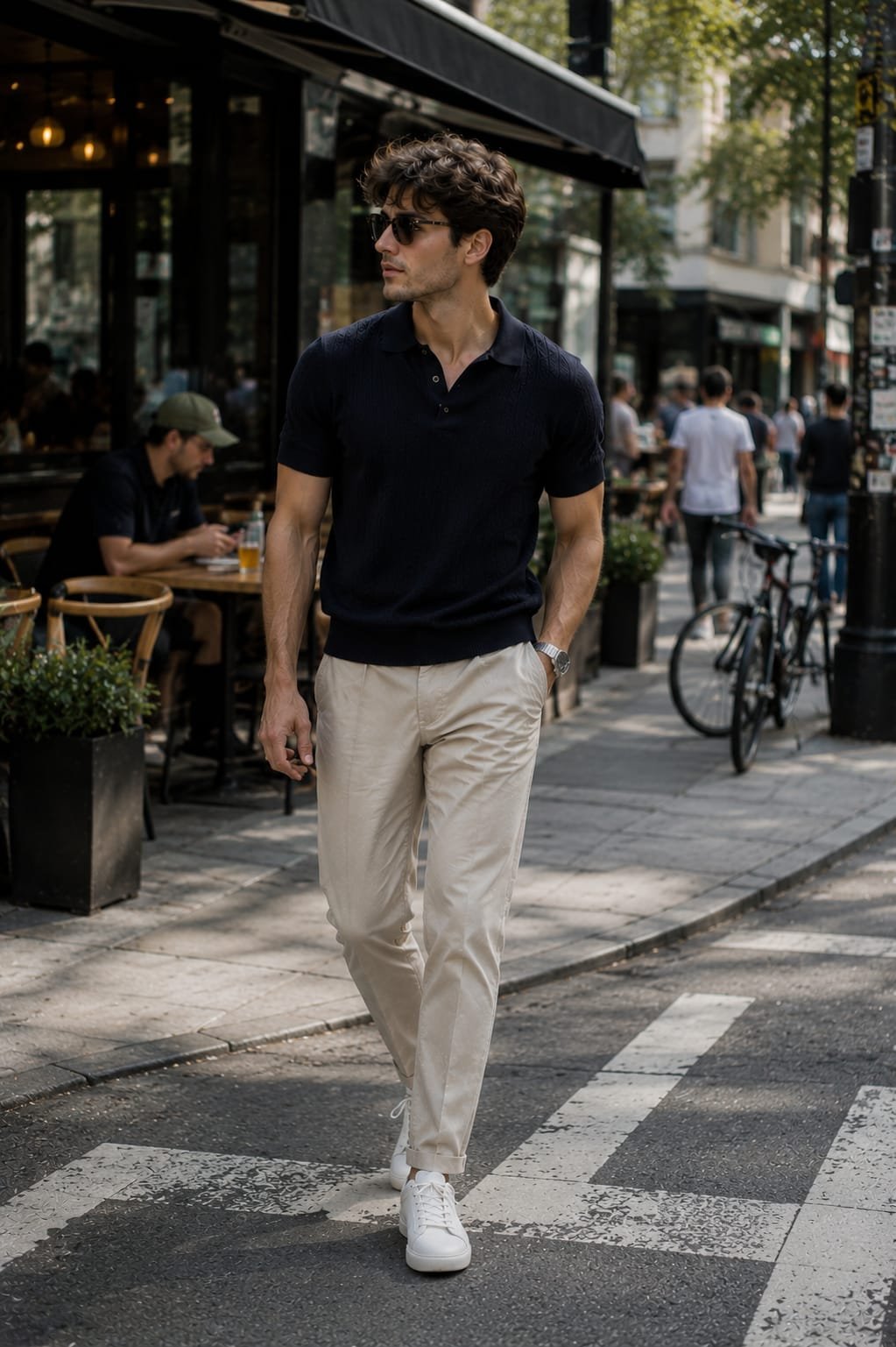 Men smart casual dress code with a young man wearing a navy knit polo, beige trousers, and white sneakers