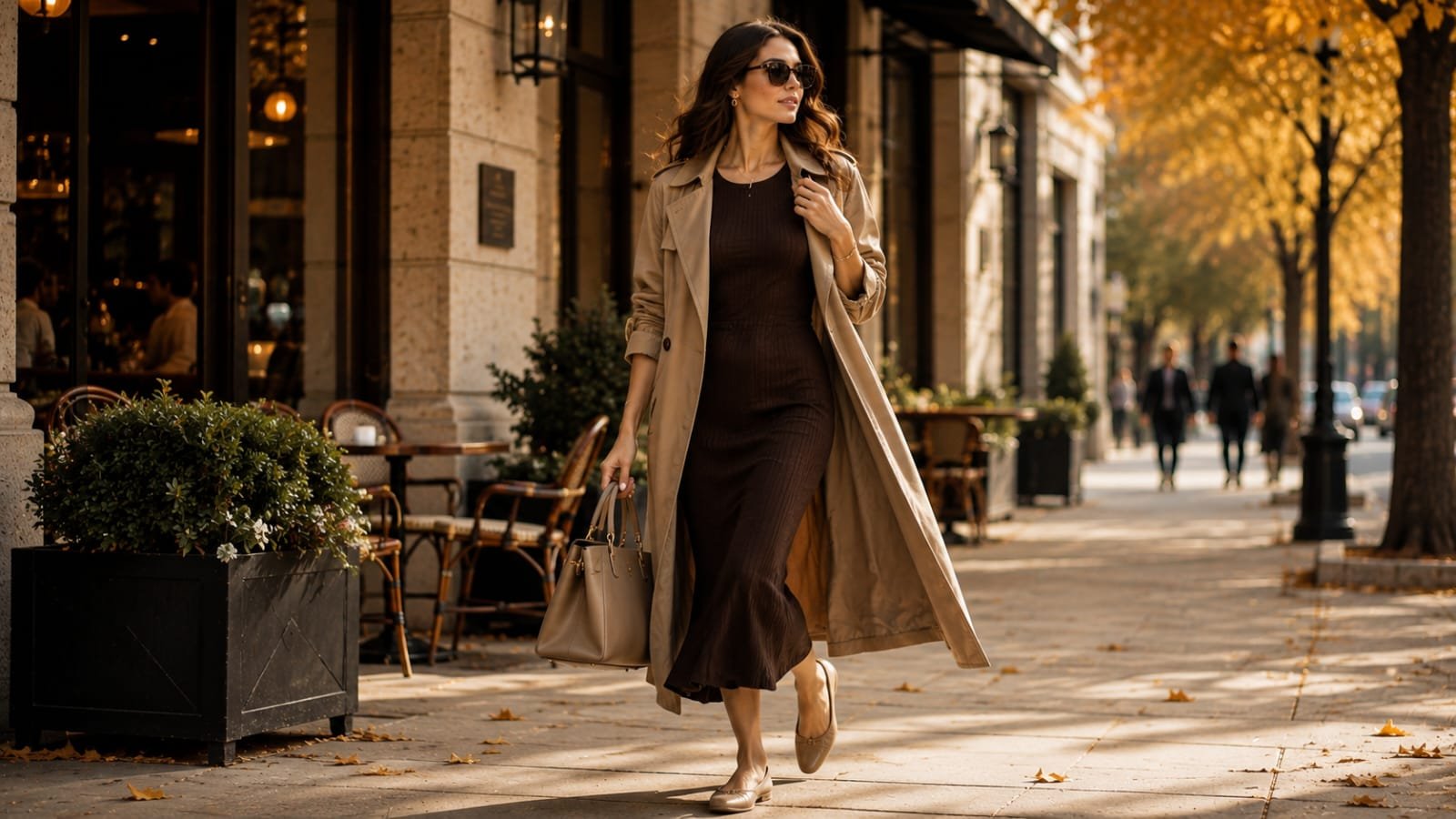 Early fall transition outfits with a chocolate brown midi dress and camel trench coat