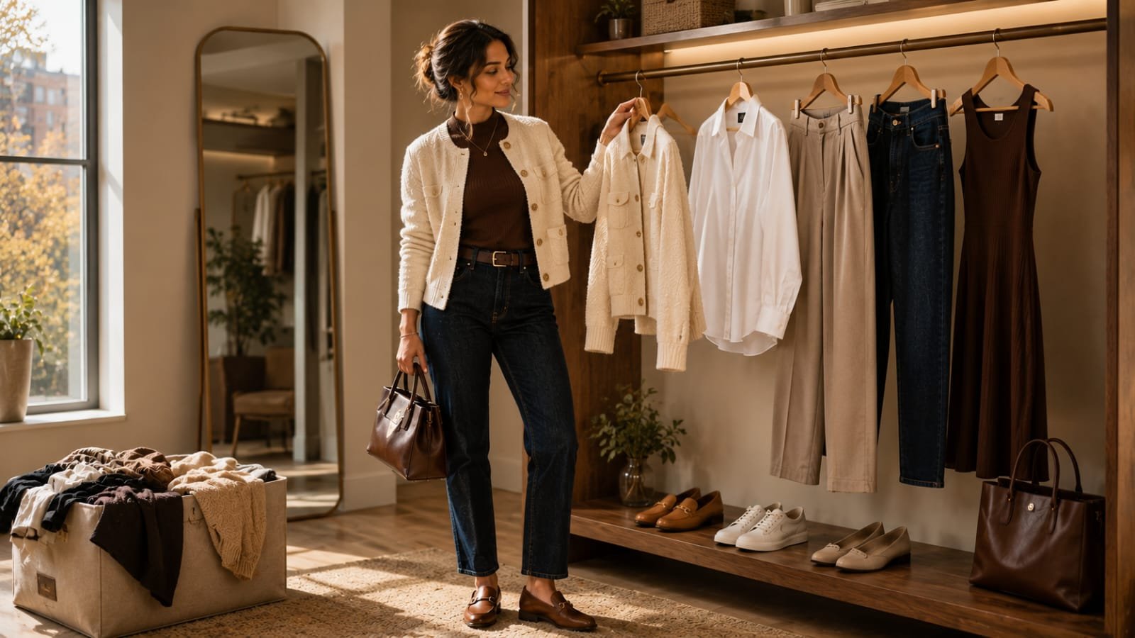 Early fall outfits for women with five curated Amazon wardrobe essentials in a minimalist closet