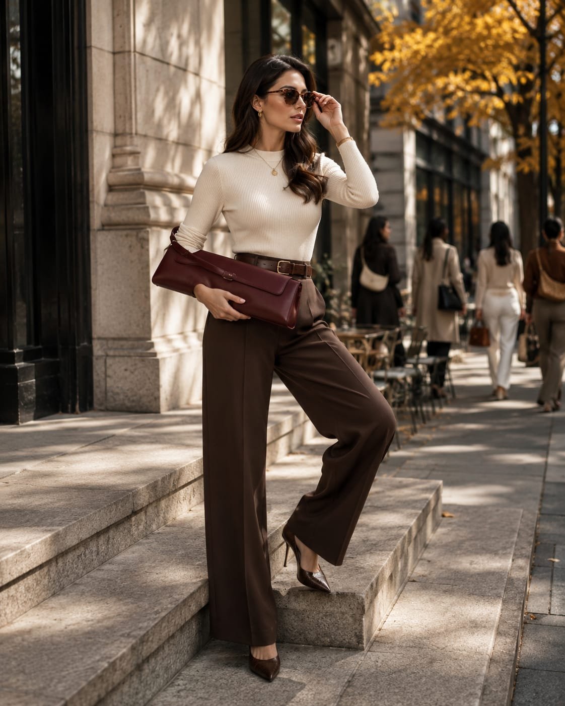 2026 handbag trends featuring a burgundy elongated east-west handbag