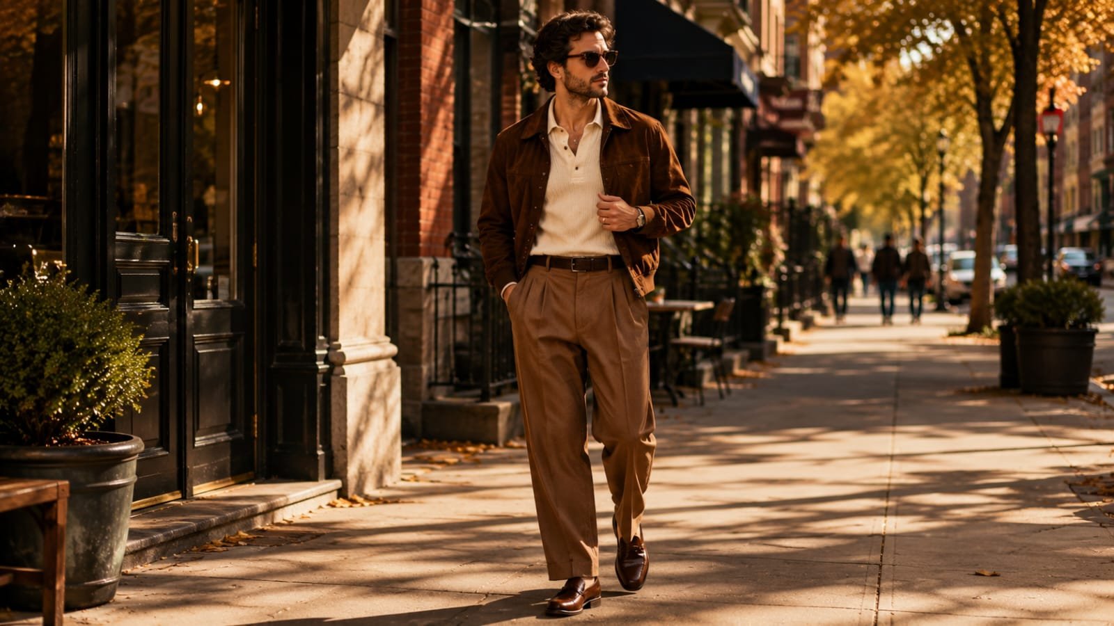 70s fashion trends for men featuring a brown suede jacket, cream knit polo, and relaxed trousers