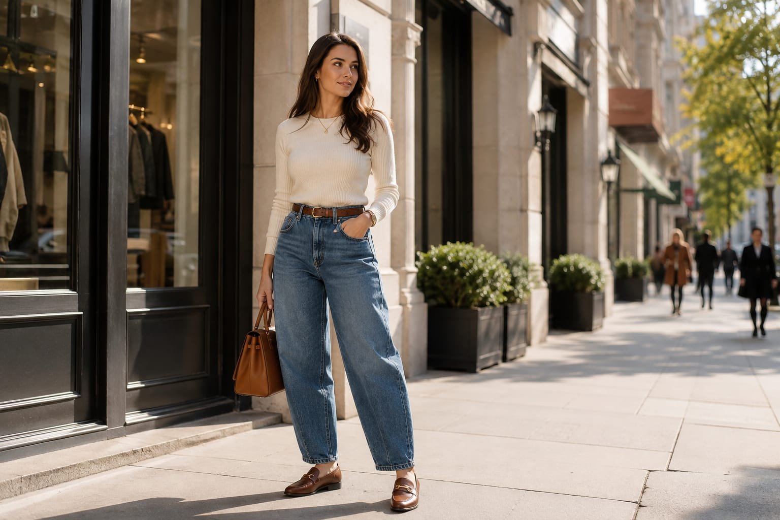 Barrel leg jeans for women styled with a fitted sweater and loafers