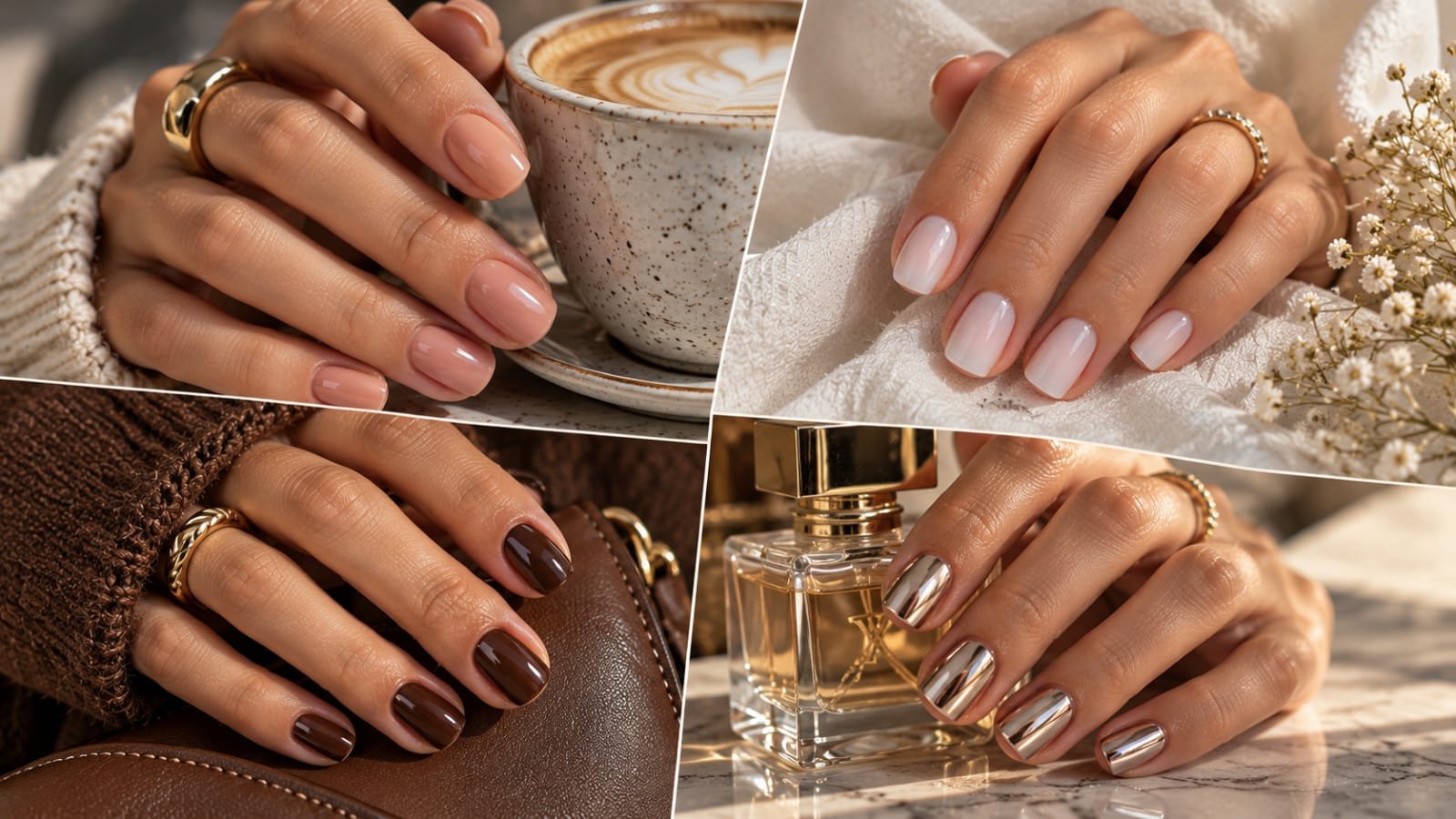 Short nail inspo featuring glossy nude, milky white, chocolate brown, and chrome nails