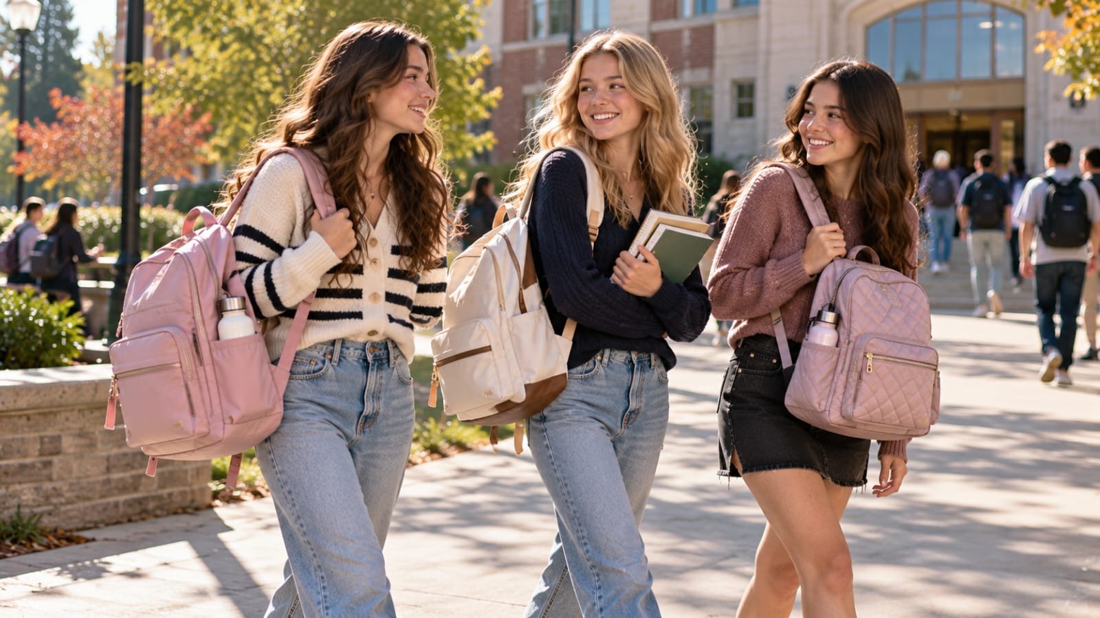 Utility-inspired multi-strap backpack for teenage girls with exterior loops and water-bottle storage