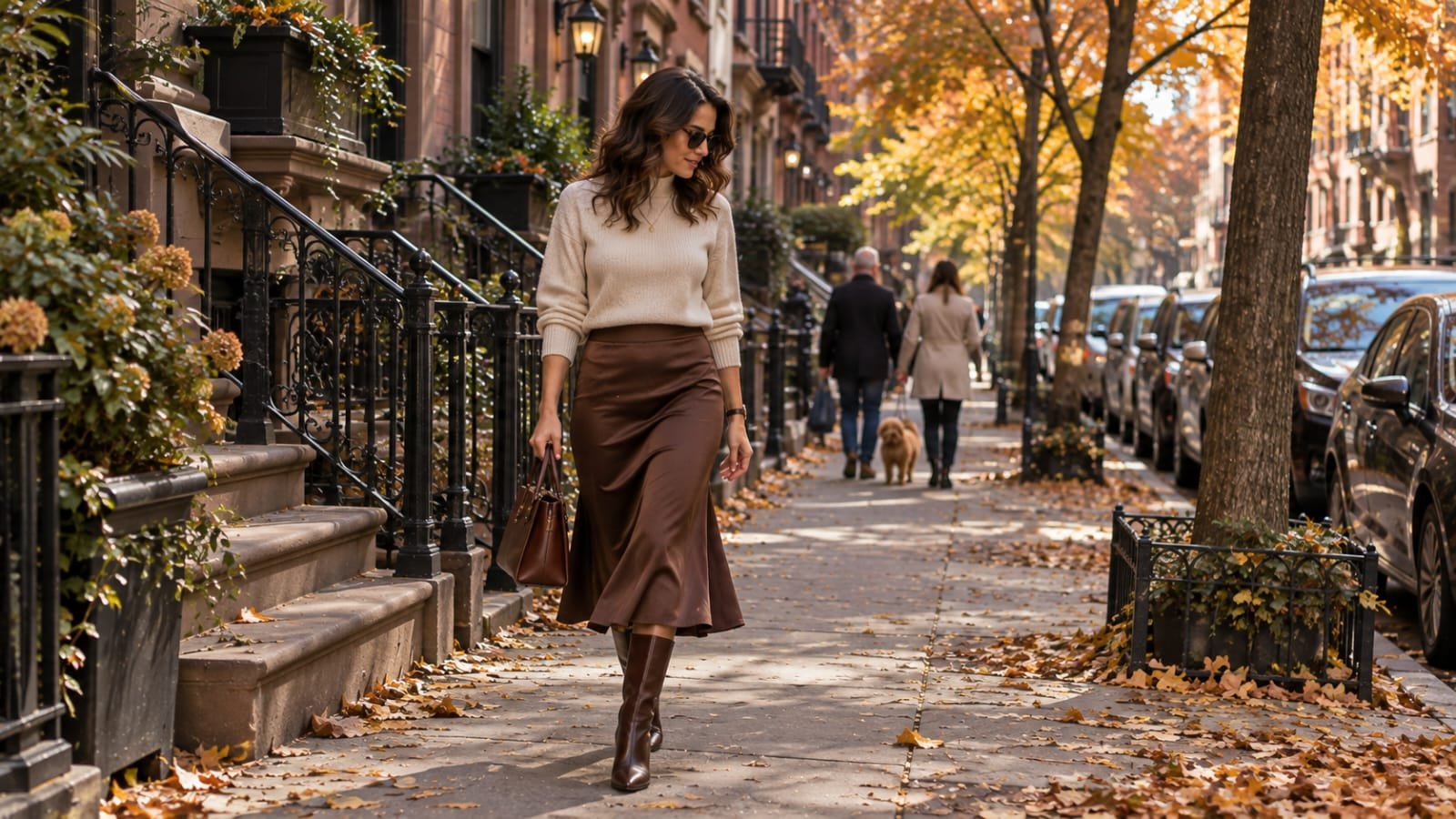 Woman in a cream sweater and brown satin midi skirt walking through a New York City street in fall.