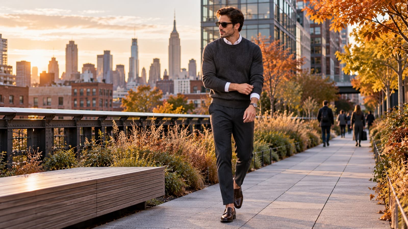 Man wearing a charcoal sweater over a white shirt on a New York fall walkway