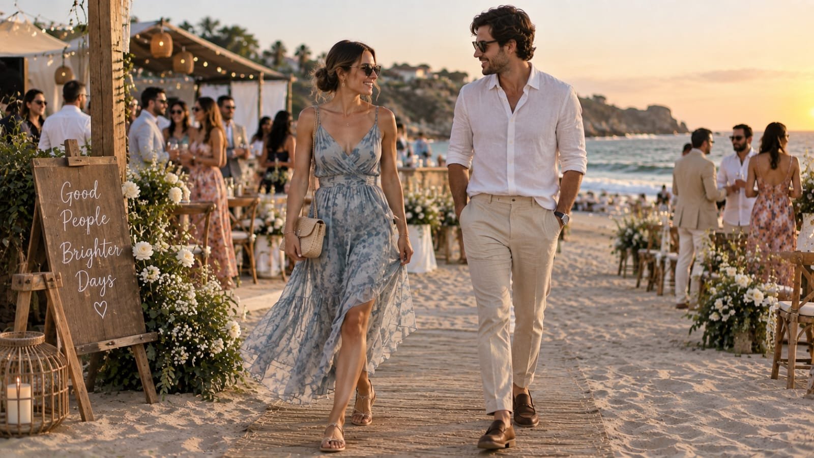 Couple wearing stylish beach wedding guest outfits by the ocean